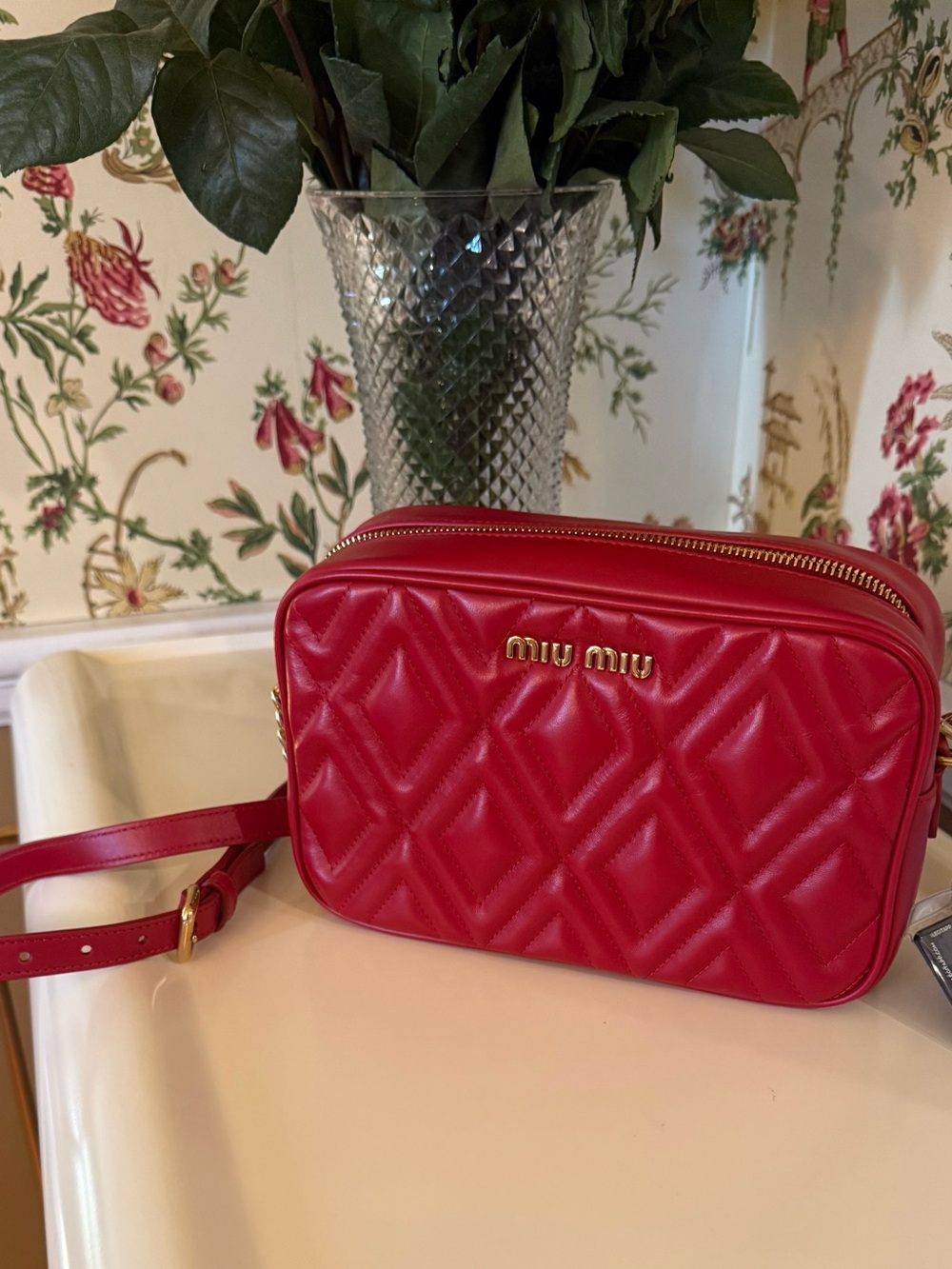 Miu Miu Red Matelassé Quilted Leather Camera Crossbody Bag – Gold Hardware